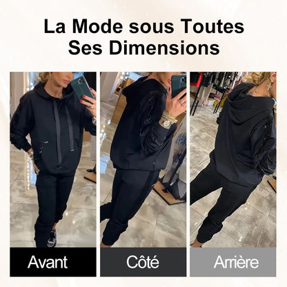 Ensemble 2 pièces de hauts à capuche avec cordon de serrage pour femmes ＆ pantalons