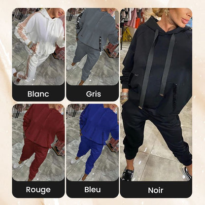 Ensemble 2 pièces de hauts à capuche avec cordon de serrage pour femmes ＆ pantalons